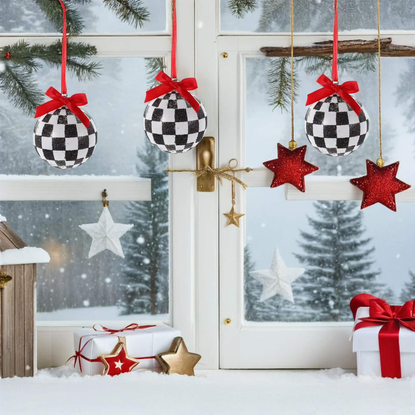 

12pcs Christmas Decoration Pendant Decorative Balls Unique Black White Checkered Design Xmas Tree Balls Ornament With Ribbon Bow