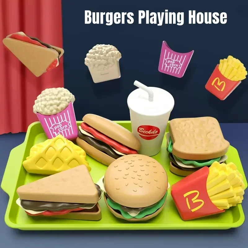 9 pezzi staccabili in plastica per hamburger, giocattolo finto, set da gioco per fast food per bambini con hamburger, patatine fritte, coca cola, sandwich, popcorn e vassoio