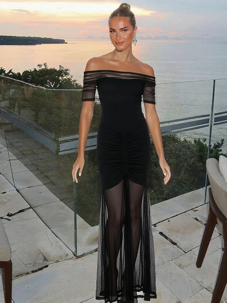 Kliou Mesh Gestapelt Frauen Maxi Kleider Solide Elegante Off Schulter Kurzarm Sheer Bodycon Mujer Klassische Neue High Street Robe