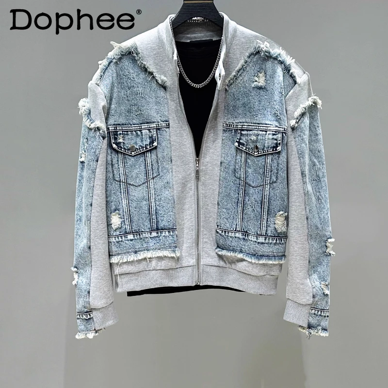 

Men's 2025 Autumn New Stand Collar Denim Jackets Men's Trendy Fashion Loose Denim Coats Tops Male Long Sleeve Chic Denim Coats