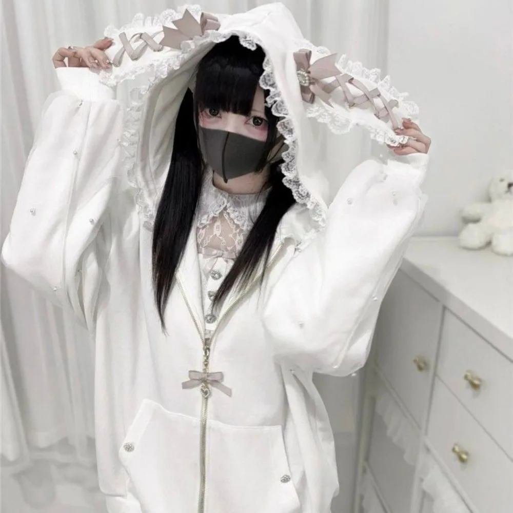 

Long Sleeve Strapped Rabbit Ear Hoodie Thick Warm Winter Autumn Cardigans Women Y2K Ladies Top Lolita JK Lace Bow Coats Female