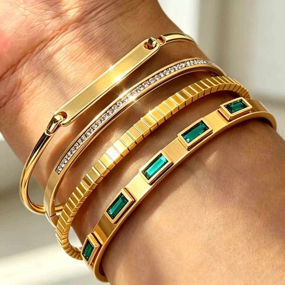 Luxury Stackable Bangle For Ladies Baguette Emerald Zirconia Bracelets Wedding Banquet Daily Fashion Jewelry Gift