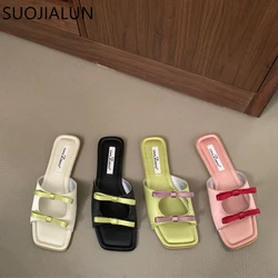 SUOJIALUN 2024 Summer New Brand Women Slipper Fashion Bow-knot Slip On Ladies Elegant Slides Soft Flat Heel Dress Sandal Shoes