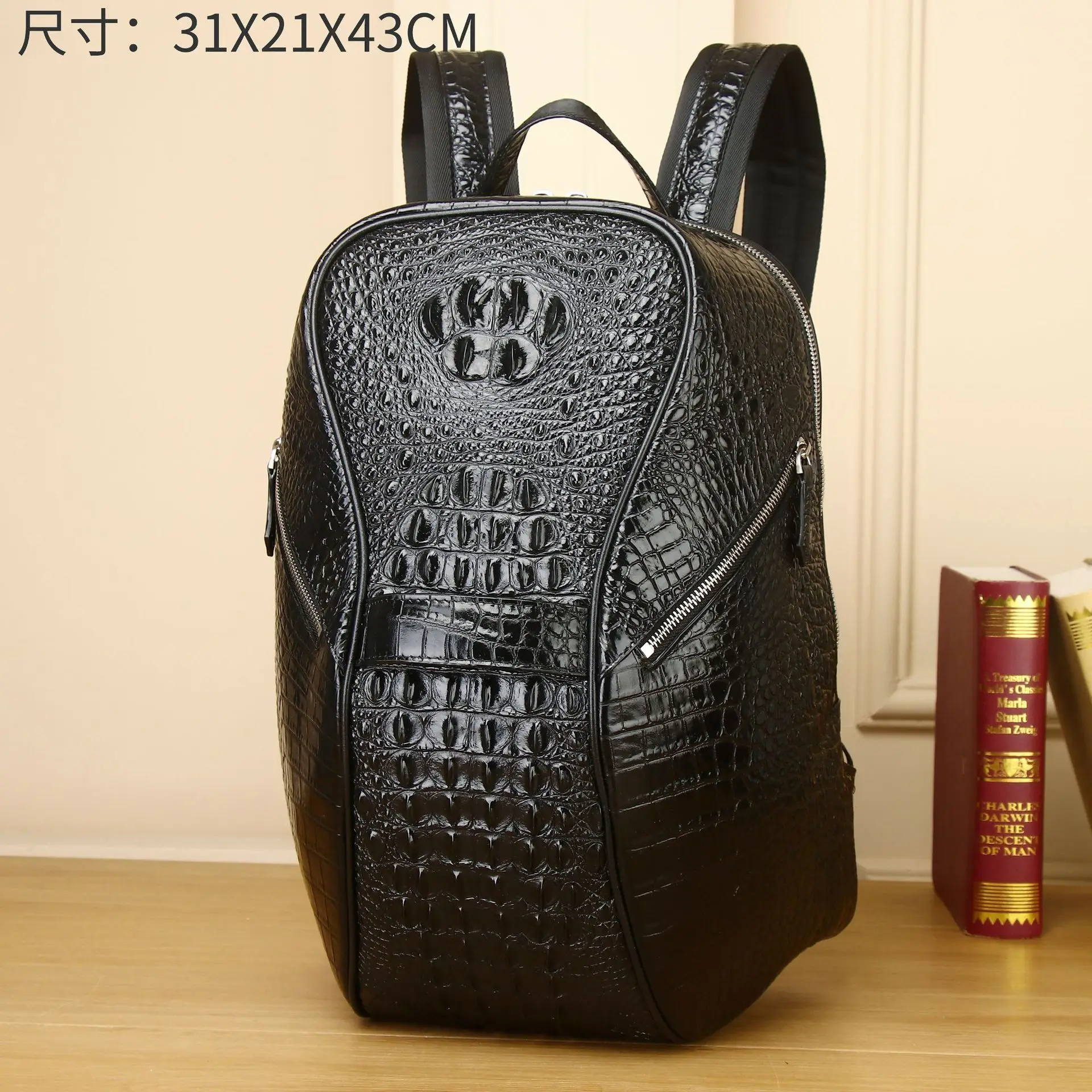 

New Crocodile Pattern Large Capacity Fashion Travel Backpack Male Multi Functional Genuine Leather Outdoor Mens Bag Trendy Style