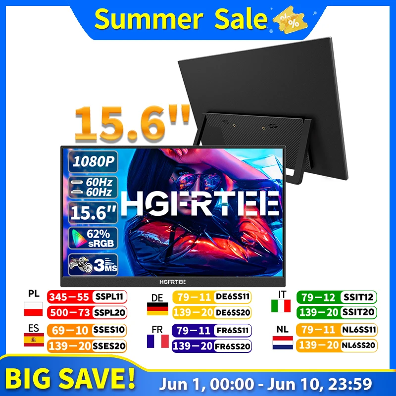 Monitor Portátil HGFRTEE de 15.6 Pulgadas, Pantalla Externa FHD-IPS para Laptop, Pantalla Extendida para Juegos con HDMI Tipo-C
