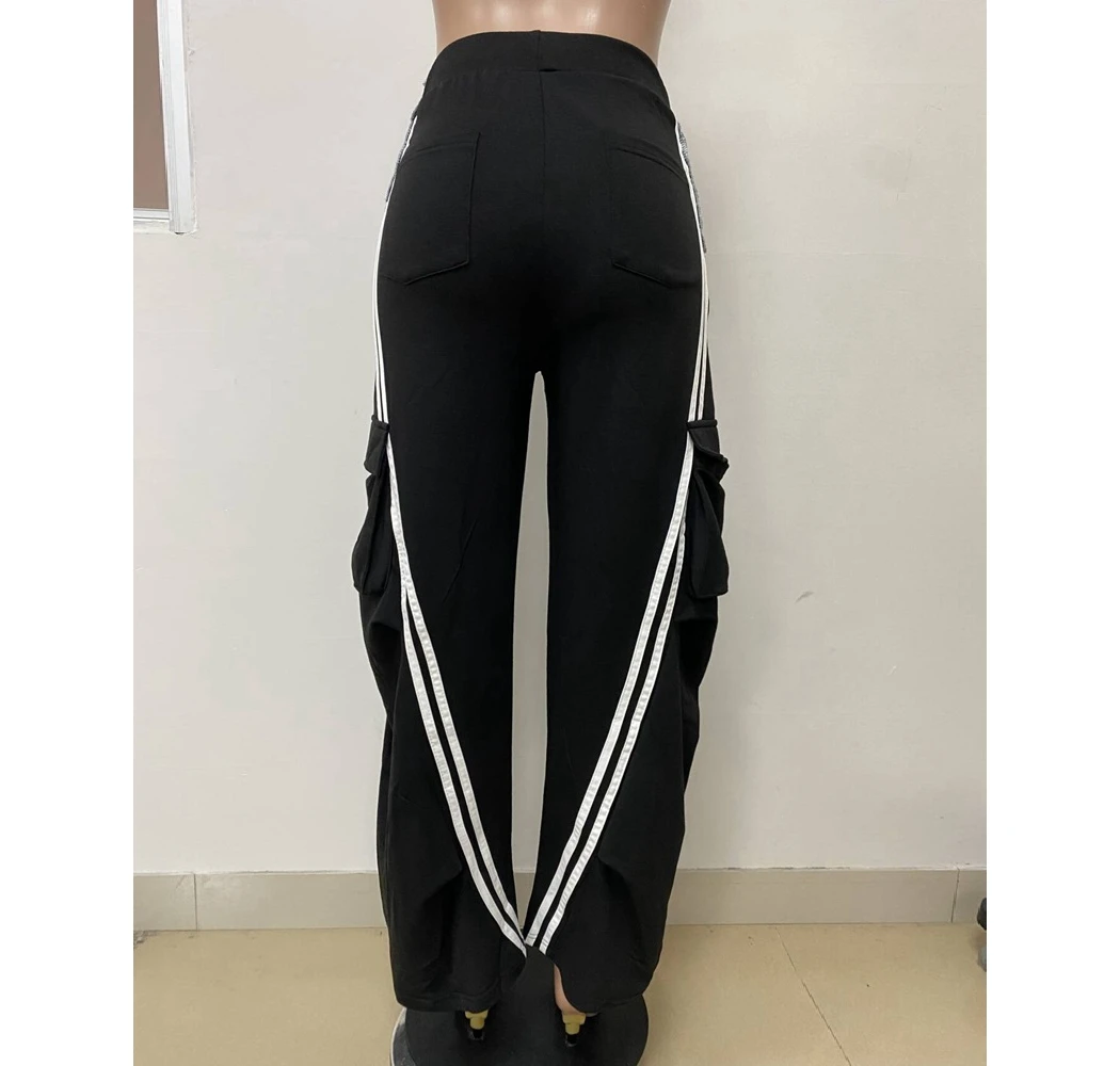Women's Denim Patchwork Jogger Pants Elastic Waist with Side Stripes & Patch Pockets Straight Leg Casual Streetwear Sports Wear