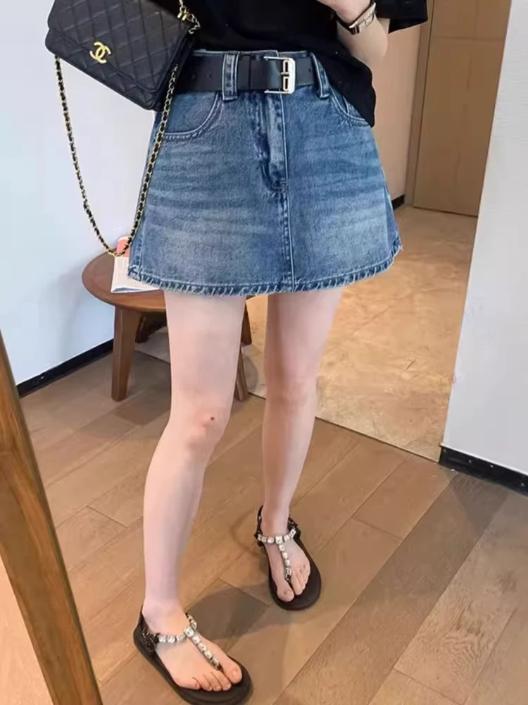 Falda de Cintura Alta, Línea A, Estilo Denim Retro Azul, para Mujer, Verano, Nueva, Talla Grande, Adelgazante, Pantalones Cortos, Estilo Coreano, Poliéster...