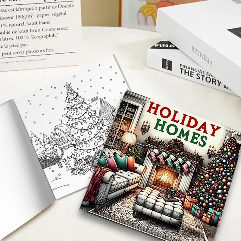 Holiday Homes Coloring Book Warm Christmas Home Fireplace Decor Xmas Tree Relax Art Book For Holiday Lovers