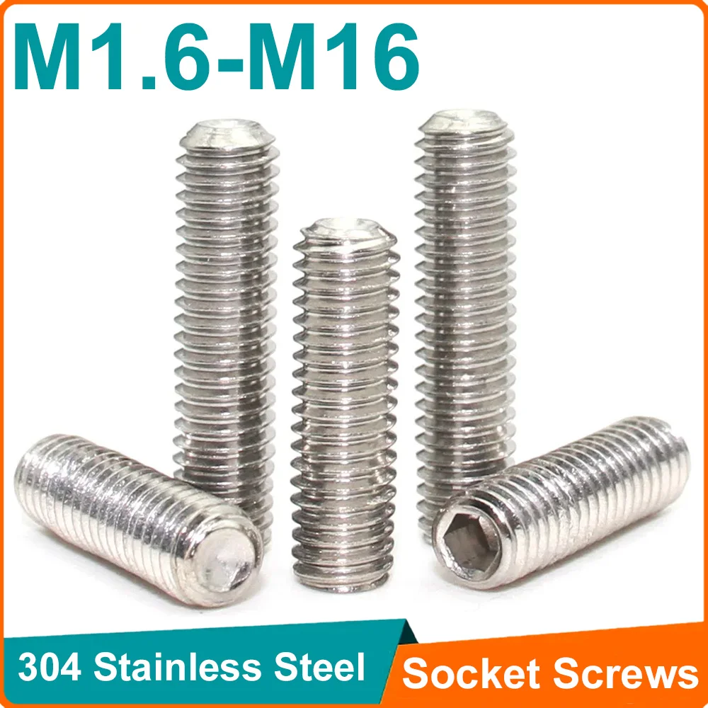 1-20pcs Hexagon Hex Socket Set Screw M1.6 M2 M2.5 M3 M4 M5 M6 M8 M10 M12 M14 M16 Flat Point Allen HeadStainless Steel Headless