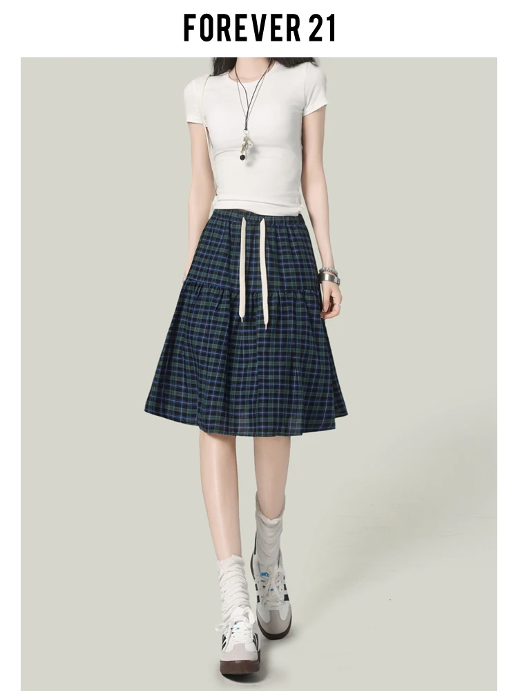 

High Waist A-Line Midi Skirt Women's Blue Plaid Forever2 College Sle Korean Anti-Aging Umbrella Skirt Summer 2025