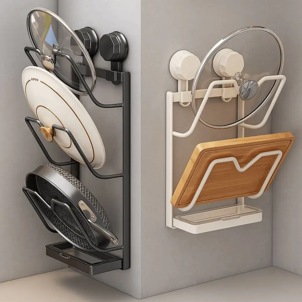 

Carbon Steel Suction Cup Pot Lid Rack Punch Free Rustproof Pot Lids Holder Wall Mounted Space Saving Cutting Board Storage Rack