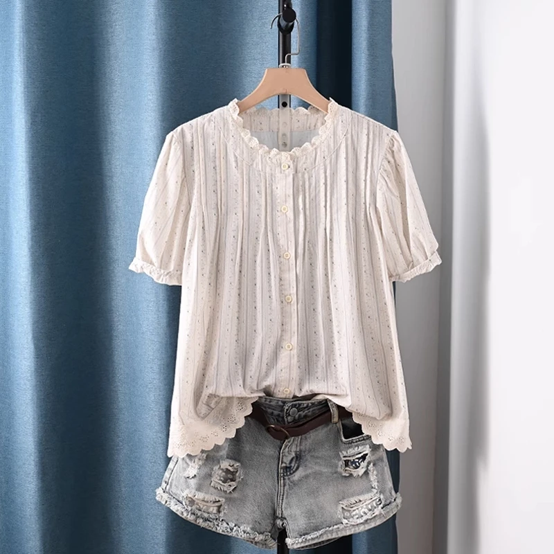 

2025 vintage clothes mori girl Japan style sweet lace patchwork pleated shirts and blouses 100% cotton short sleeve shirt