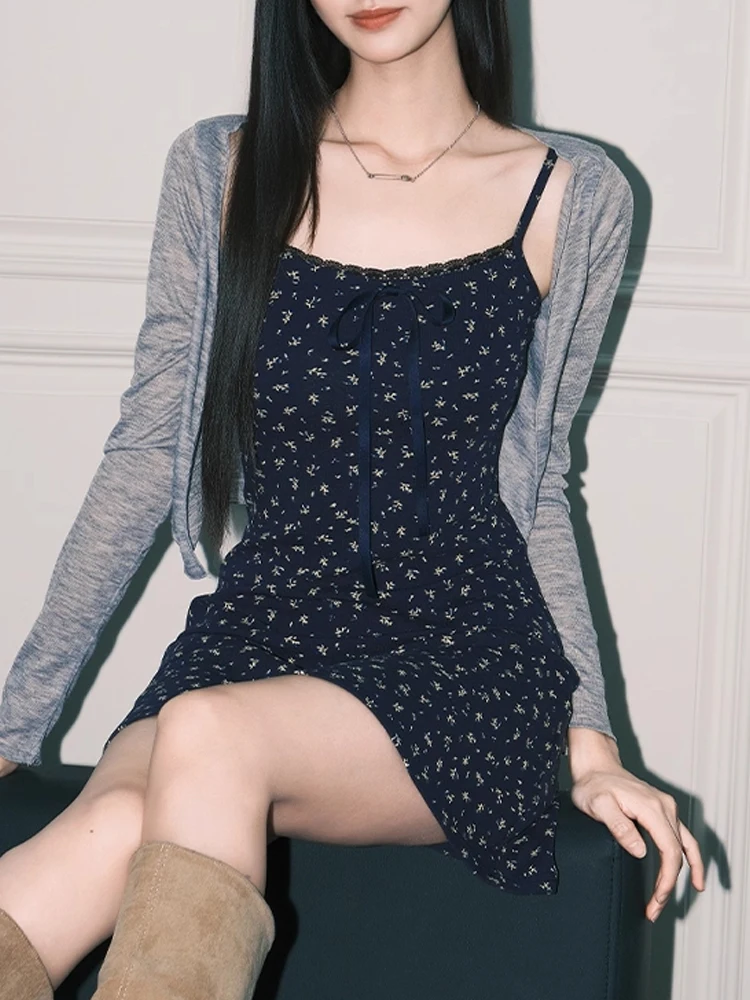 

Уникальный синий горошек трапециевидной формы с цветочным ремешком Dr, женский летний новый открытый кардиган, юбка, корейский комплект из двух предметов