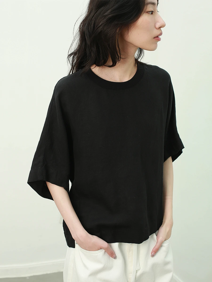 

Льняной топ свободного кроя с круглым вырезом, повседневный, для женщин, летний