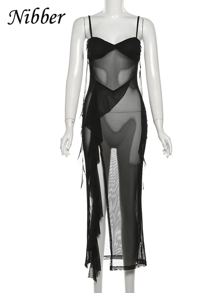 Nibber Mesh Durchsichtig Maxi Kleider Frauen Solide Sexy Bänder Suspension Side Split Attraktive Vestidos Weibliche Urlaub Robe