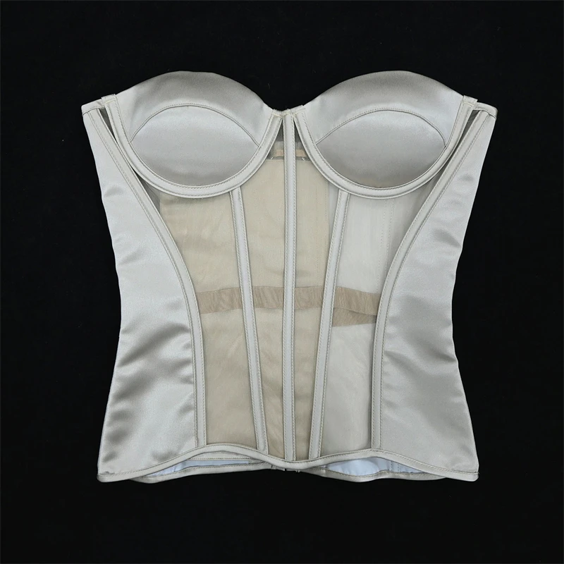 Women Champagne Sexy Transparent Mesh Overbust Corset Cups Push Up Lace Up Bodice Body Shaper Lingerie Strapless Bustier Top