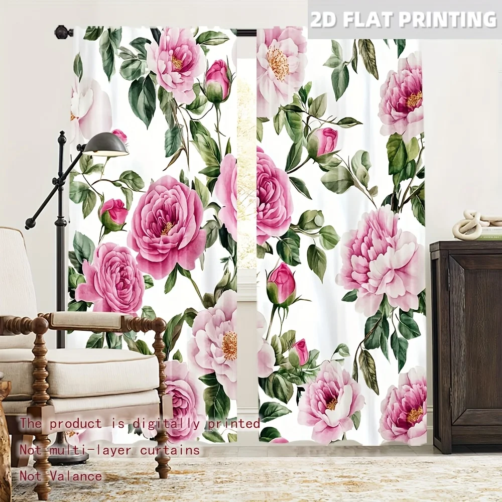 Romantic Pink Peony Floral Blackout Curtain Green Leaves Pattern Drape Girl Room Apartment Soft Sweet Household Window Curtain