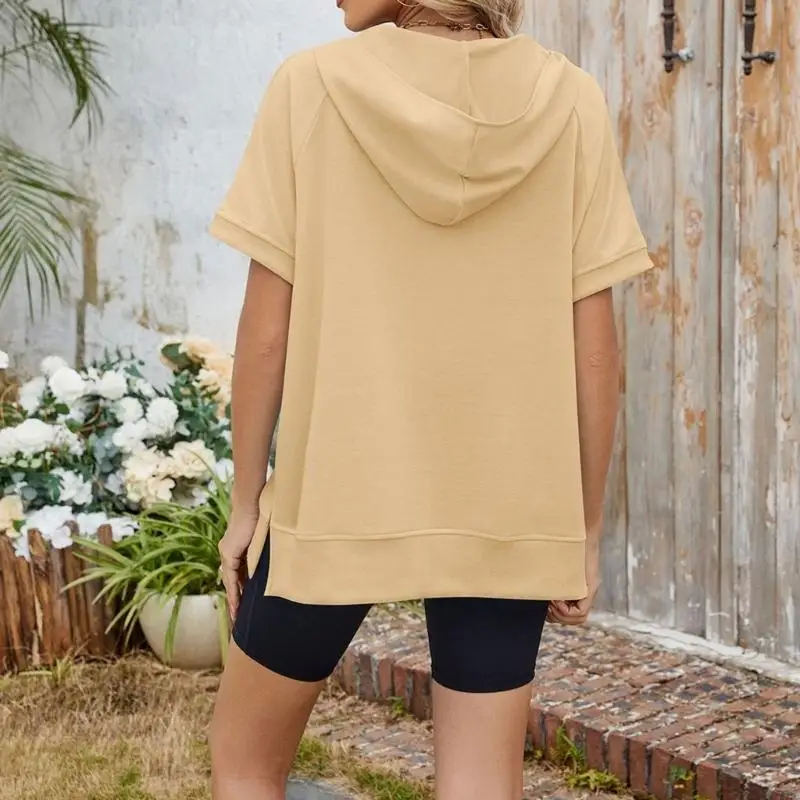 

77HE Women Hoodies Shirt Short Sleeve Half Zip Loose Fit Oversized Top Spring Fall
