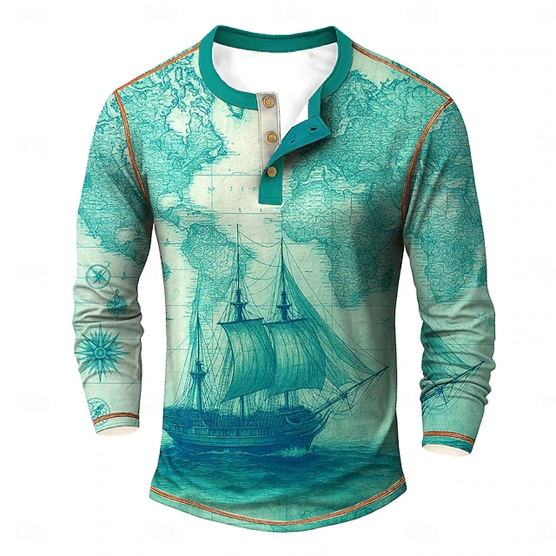 Men's Vintage Nautical-Style Henley-Neck Long-Sleeve Top With Antique World Map And Sailing Ship Print—Casual Fall T-Shirt
