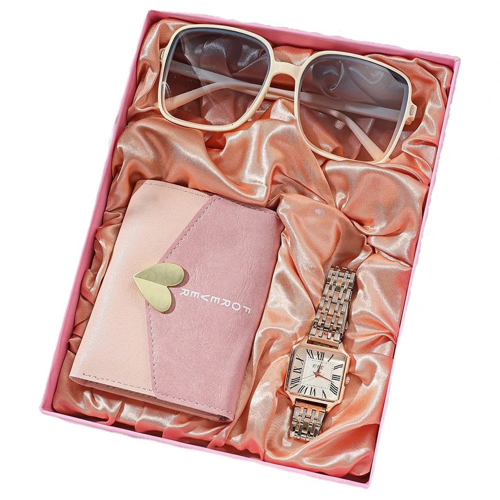 3Pcs/Set Fashion Womens Watches Set with Box Luxury Quartz Watch for Women Glasses Wallet Wristwatch Set Gifts Box Female Clock