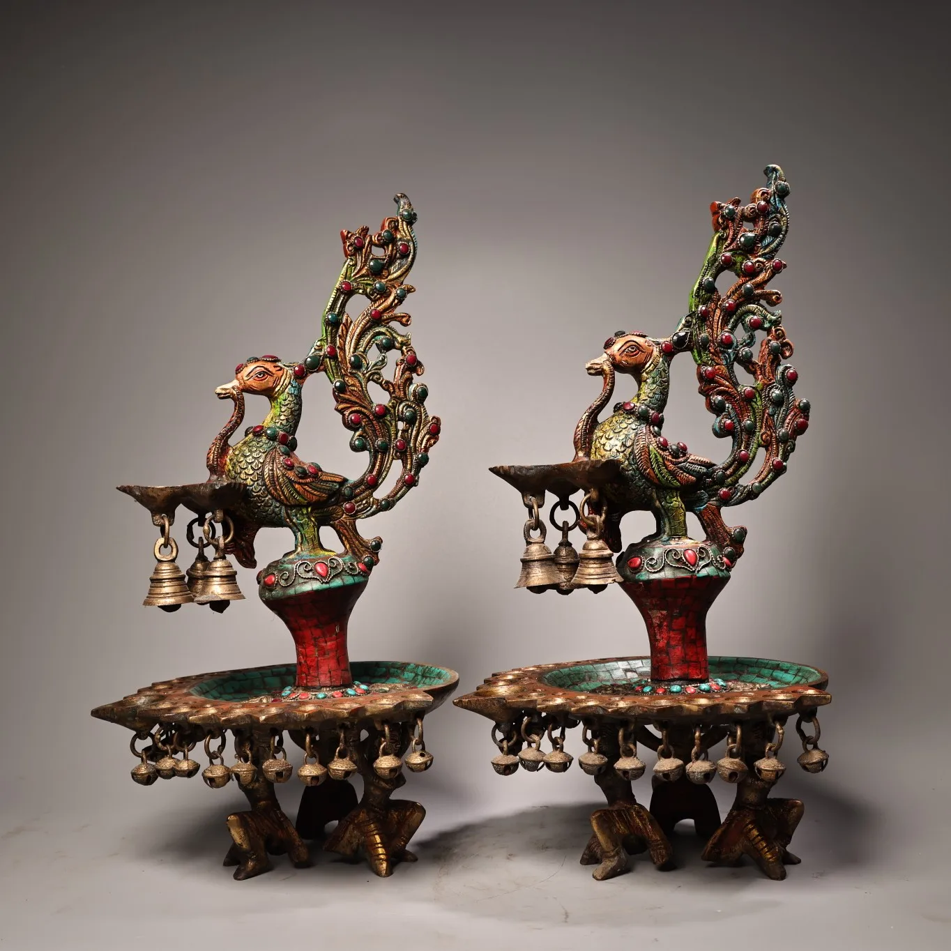 

16"Xizang Folk Old Bronze Outline in gold Mosaic Gem Turquoise Phoenix oil lamp Wind Chime Candlestick A Pair