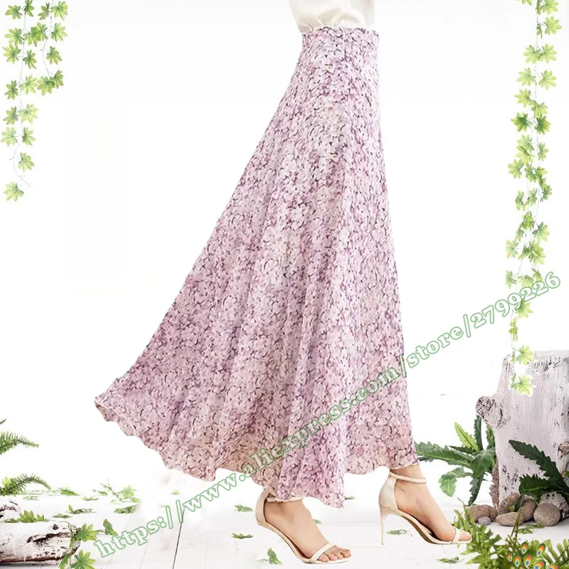Plus Size Women's Floral Chiffon Elegant Korean Fashion Purple floral small patterned print Maxi Skirt Spring Summer 2026