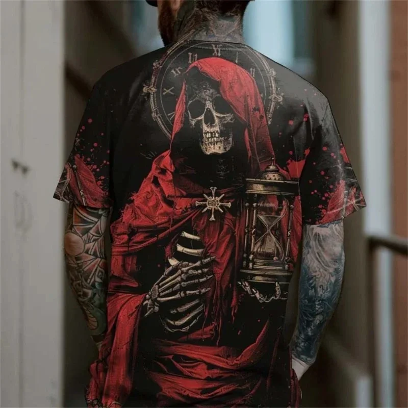 T-shirt d'été pour hommes, imprimé tête de mort en 3D, ample, rétro, haut de rue décontracté, col rond, Fiber de Polyester, manches courtes, chemises graphiques