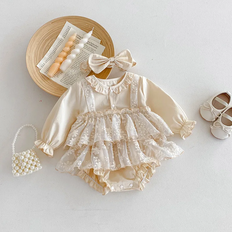 2025 New Spring Autumn Baby Clothing Toddler Baby Girls Romper Long Sleeved Waffle Cotton Lace Splicing Korean Style Climbing Su