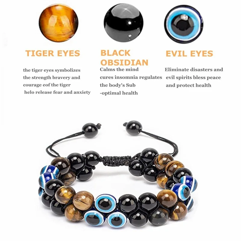 Triple Protection Bracelet Natural Tiger Eye Evil Eye and Black Obsidian Stone Bracelet 8mm Healing Bracelet Bring Good Luck