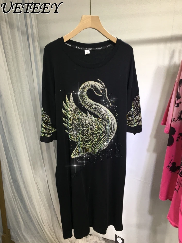 

European Goods Heavy Embroidery Hot Drilling Dress Women's Light Luxury Swan Back Big Wings Round Neck Loose Mid-Length T-shirt