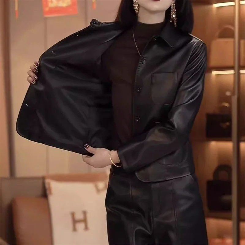 Preto marrom jaqueta de couro feminino 2025 primavera outono novo polo pescoço moda único breasted solto bolso outwear casaco de couro