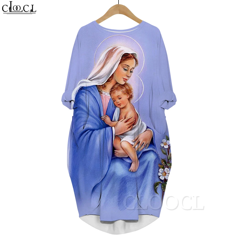 CLOOCL Harajuku Fashion Dress Virgin Mary Holding Baby 3D Printed Loose Dress with Pocket Long Sleeve Dress Party Clothing