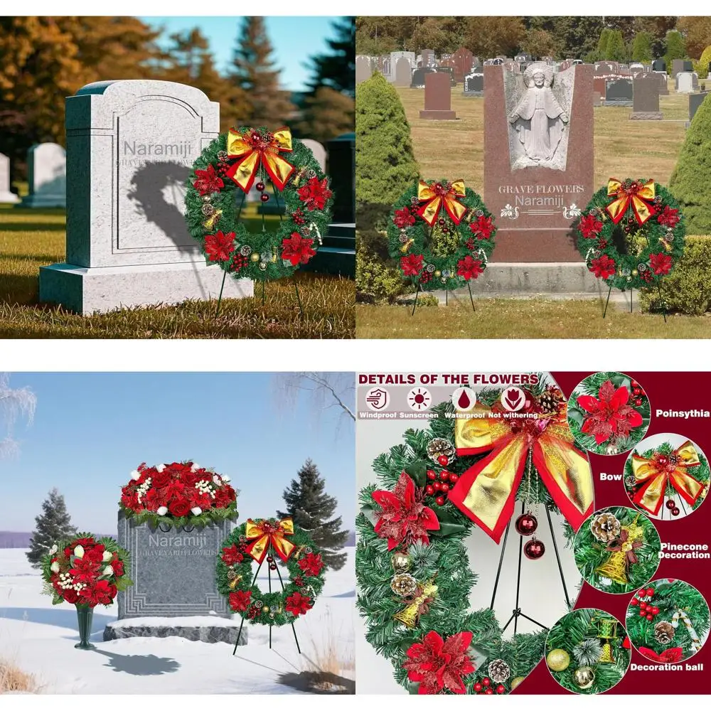 

Венок из красной пуансеттии и розы на 30 подставках, устойчивый к выцветанию