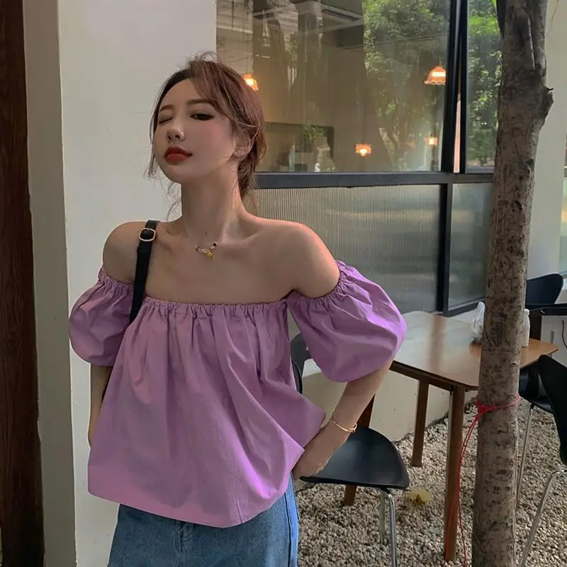 Elegant Vintage Off Shoulder Tops Tees Summer New Fashion All-match Blouse Thin Short Sleeve Loose Fashion Trend Women Clothing