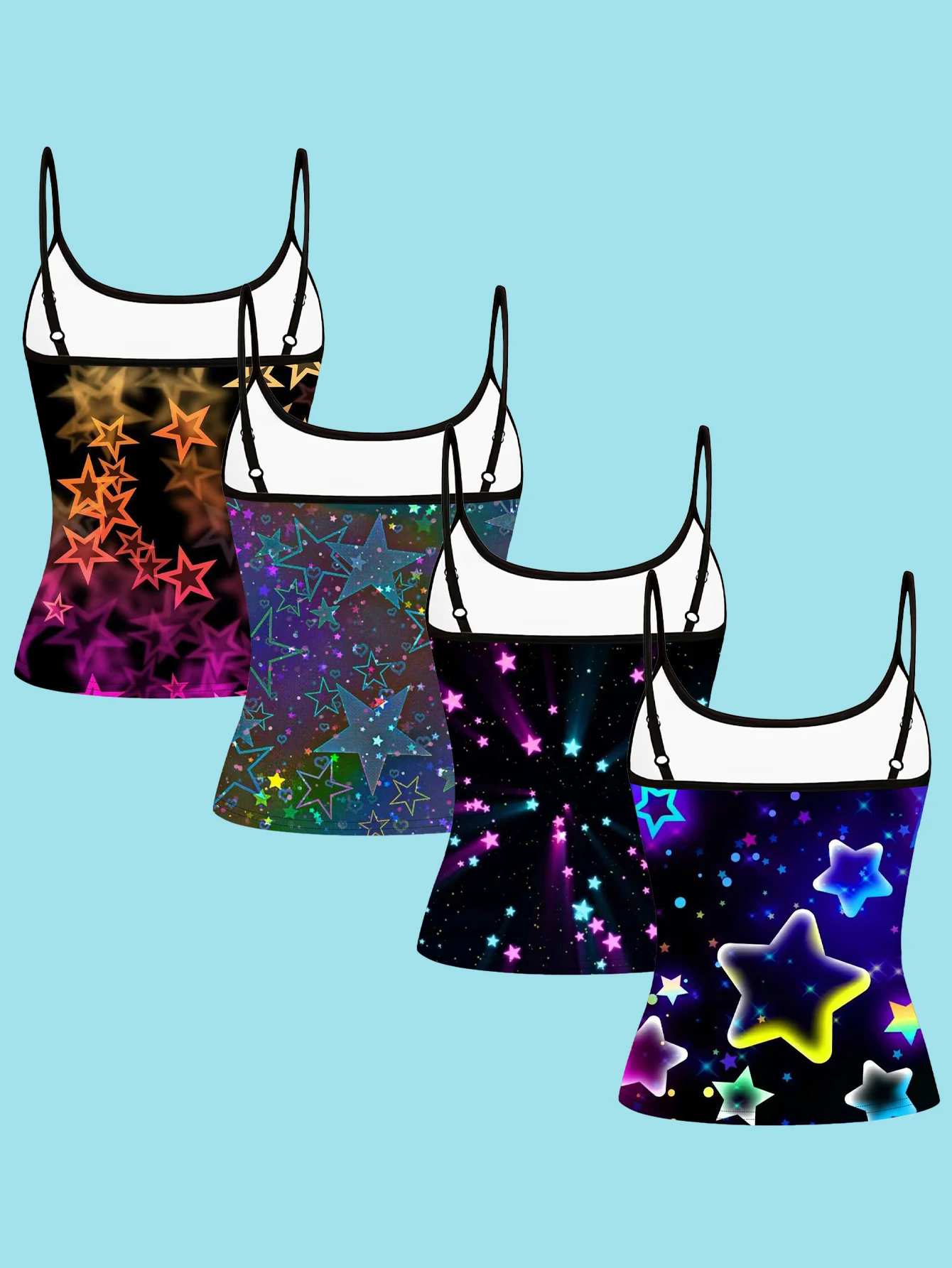 4-Piece Set of Y2K Neon Glowing Starry Sky Print Camisoles, Black Base Cyber Fantasy Large Star Light Lines Star Girl Slim-Fit Spaghetti Strap Sleeveless Tops for Outerwear or Layering