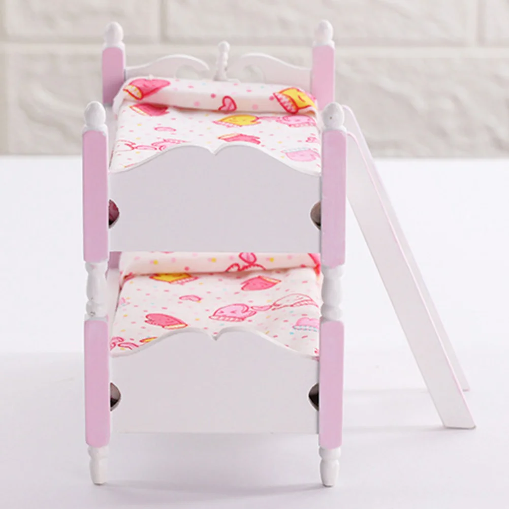 

Wooden Furniture Dollhouse Bunk Bed Baby Beds Miniature Children Bedroom Ladder Cotton