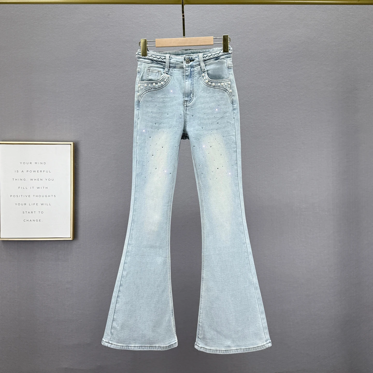 

Brushed Denim Flared Pants for Women Trendy 2025 Autumn Winter New High Waist Slim Fit Slimming European Rhinestone Long Pants