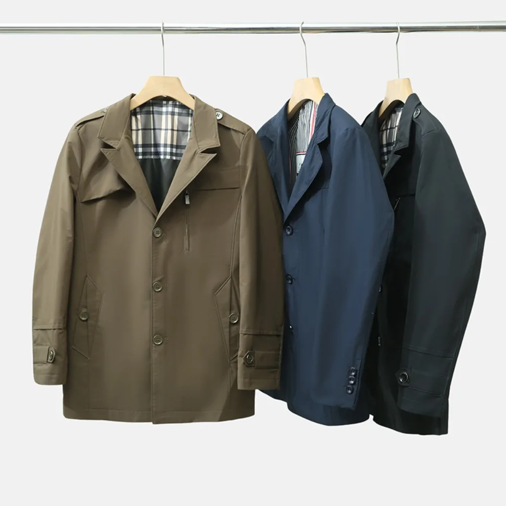 Men's Classic Trench Coat Flip Collar Waterproof Windproof Mid-length Jacket Casual Urban Outerwear Smooth & Wrinkle-resistant