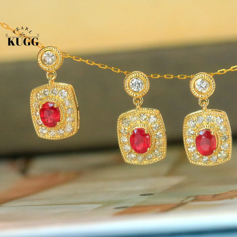 

KUGG 100% ожерелье из желтого золота 18 карат, винтажное ожерелье в дворцовом стиле с блестящими бриллиантами и натуральным рубином для женщин, подарок на день рождения