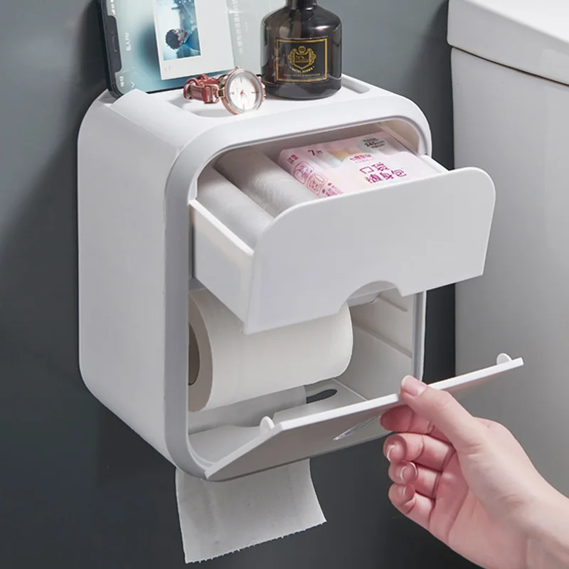 

Toilet Paper Holder Box holder Bathroom Rack Waterproof Reel Tissue Storage Box Punch-free Kitchen Bathroom Storage Holder