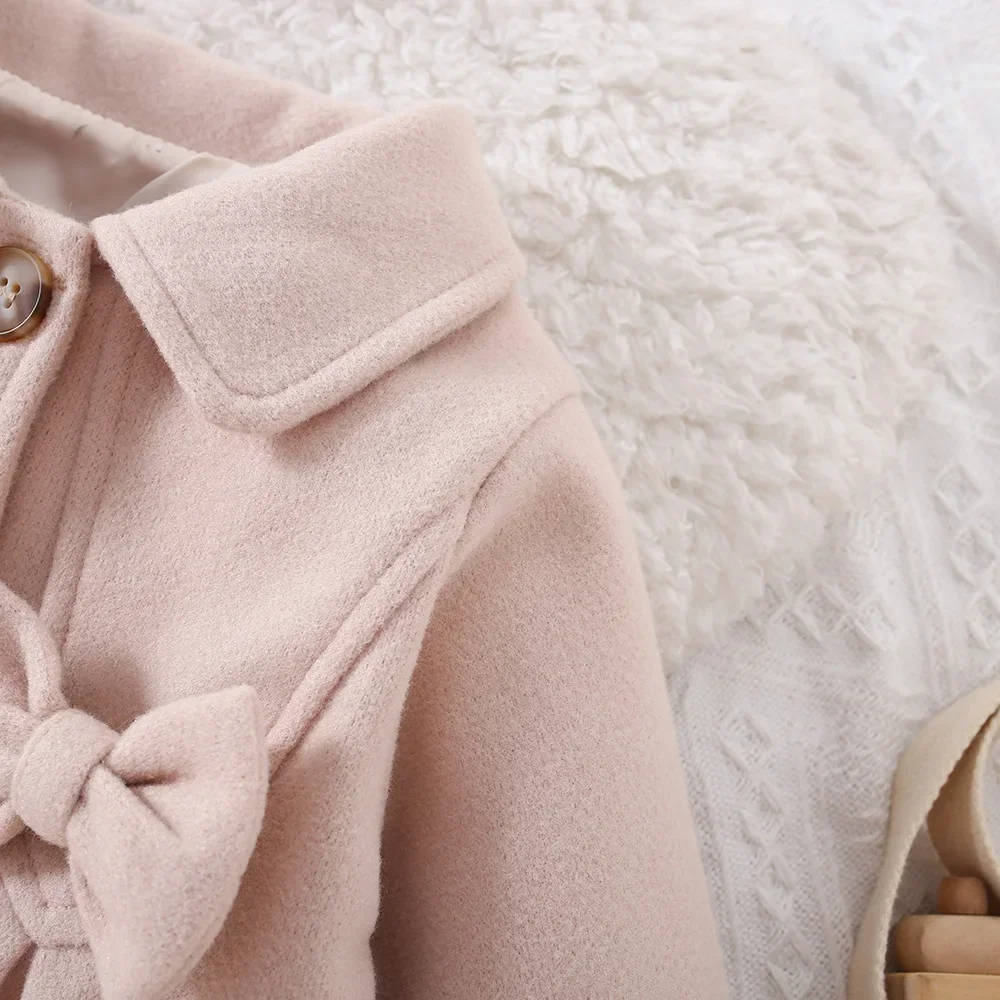 Winter New Girls Sweater Coat Solid Color Bow Trench Coat Coat All Fashion Warm Coat Button Long Thick Coat