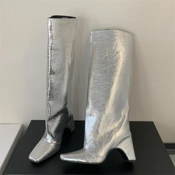 Eilyken חורף סגנון רחוב בסגנון מרובע עקבים נשים מגפיים גבוה מגניב שיער מודרני ארוך מתנפח נעליים מעצב zapatos de mujer