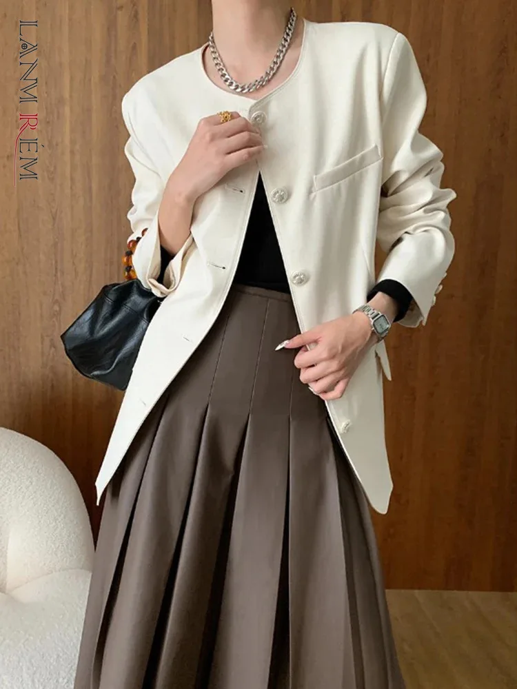 [LANMREM] Office Lady Round Neck Blazers For Women Single Breasted Long Sleeve Fashion Female Coat 2025 Spring New 26D9819