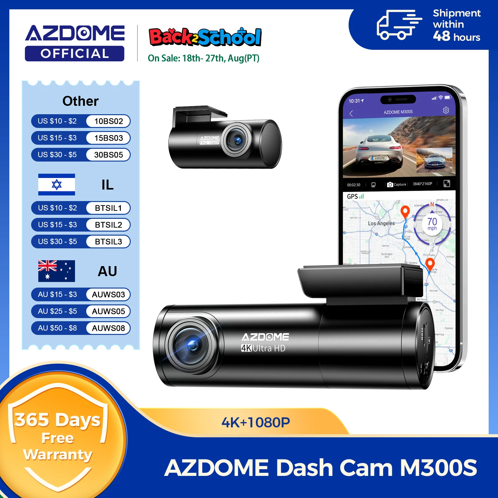 AZDOME M300S Dash Cam 4K+1080P Car Rear Camera Dash Cam 800MP Lens Built-in GPS WIFI Car DVR Voice Control Night Vision 후방카메라