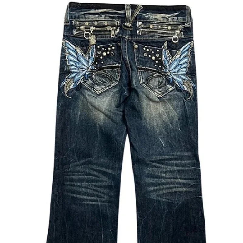2026 American Fashion High Street Large Size Butterfly Embroidered Women Jeans Y2K Millennium Harajuku Slim Flared Jeans