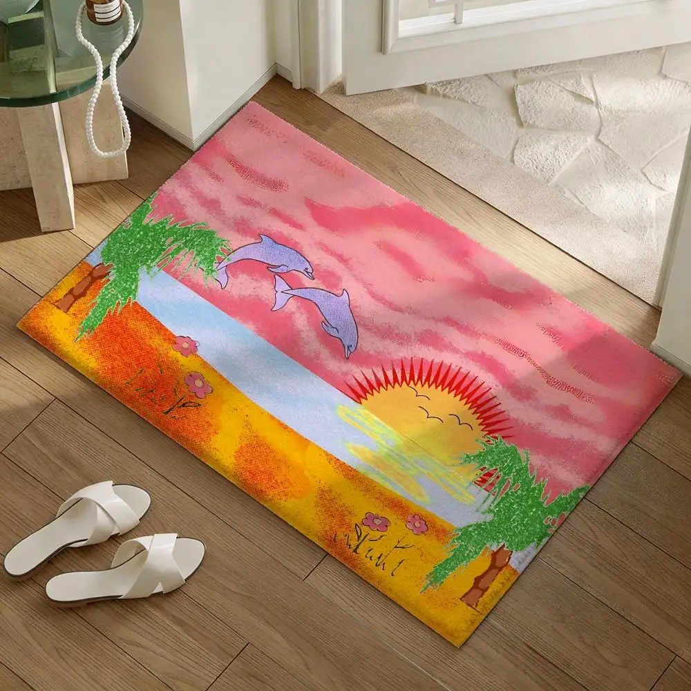 Beach Dolphin Sunset Area Rug Non‑Slip Floor Mat Palm Tree Seaside Landscape Doormat Bathroom Living Room Bedroom Home Decor Car