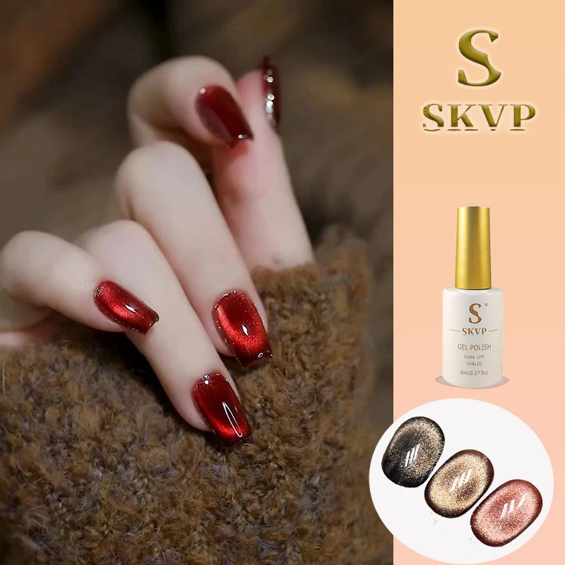 

SKVP 8ml Red crystal Cat Eye Gel Magnetic Gel Nail Polish Semi Permanent Glitter Shiny Varnish UV Gel for Nail Art Salon Design