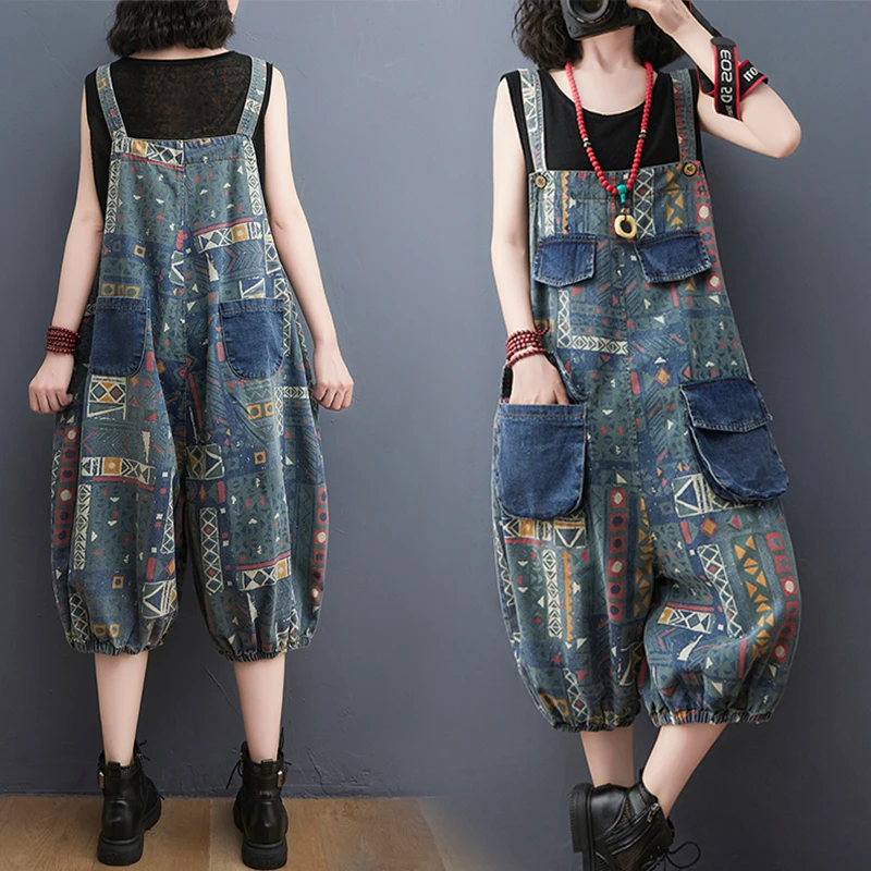 

Women's Printed Overalls Denim Jumpsuit One-piece Bloomers Ankle-length Pants Suspenders Loose Streetwear Oversized Sleeveless