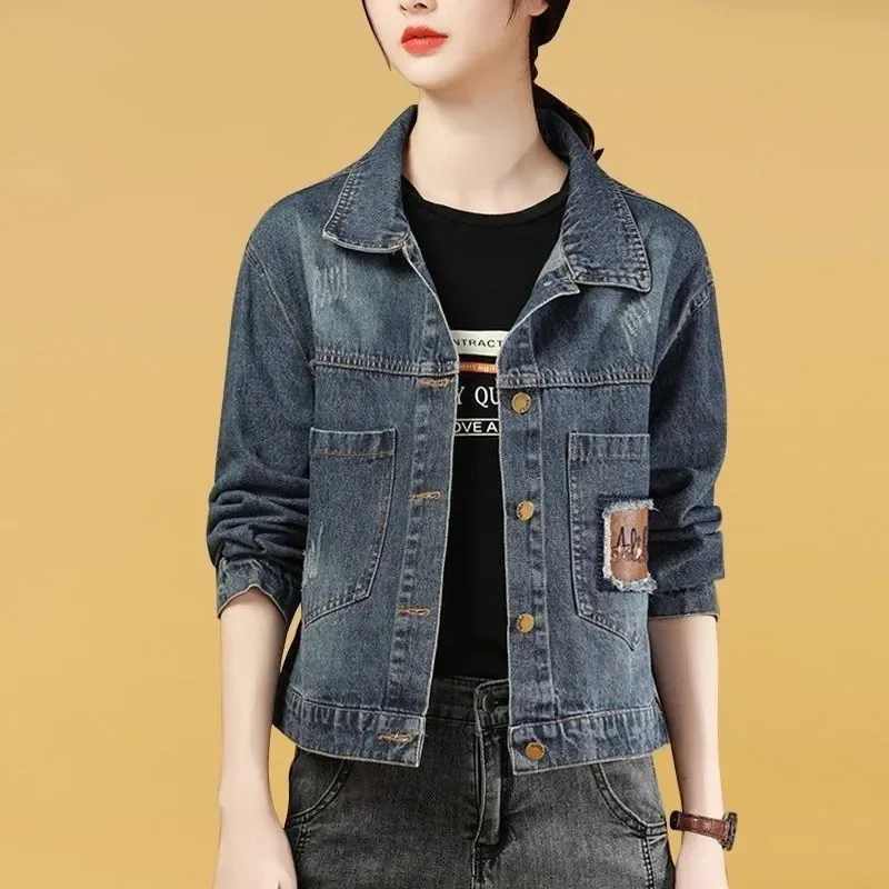 แจ็คเก็ตยีนส์ผู้หญิงไซส์ใหญ่ 5XL สไตล์คาวบอย แฟชั่นยุโรป ลำลอง ตกแต่งผ้าแบบแพทช์เวิร์ค ทรงหลวม สำหรับฤดูใบไม้ผลิและฤดูใบไม้ร่วง