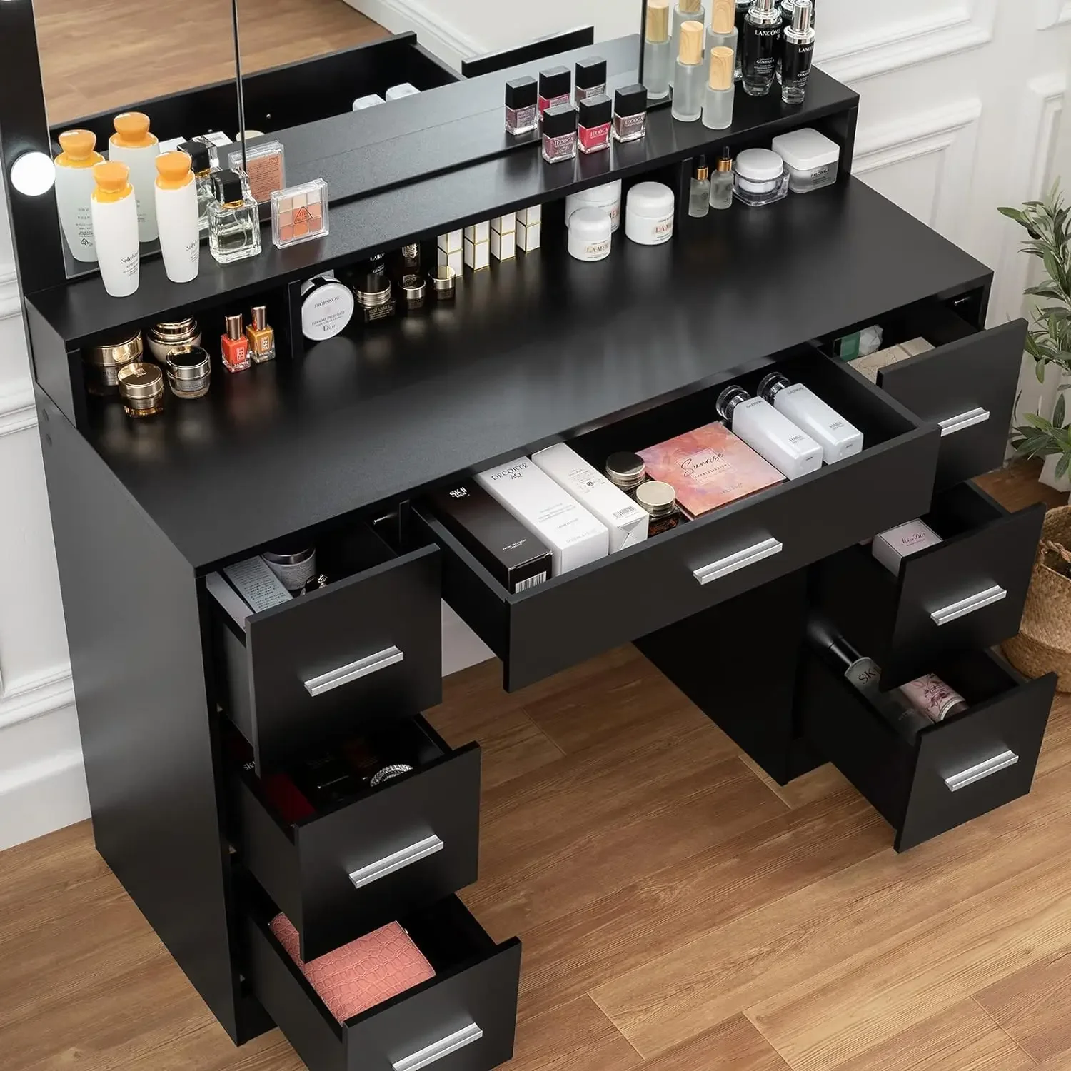 Vanity Desk with Large Lighted Mirror for Christmas Day, 43.3" Makeup Vanity Table with 7 Drawers & 10 Lights Bulbs, Black